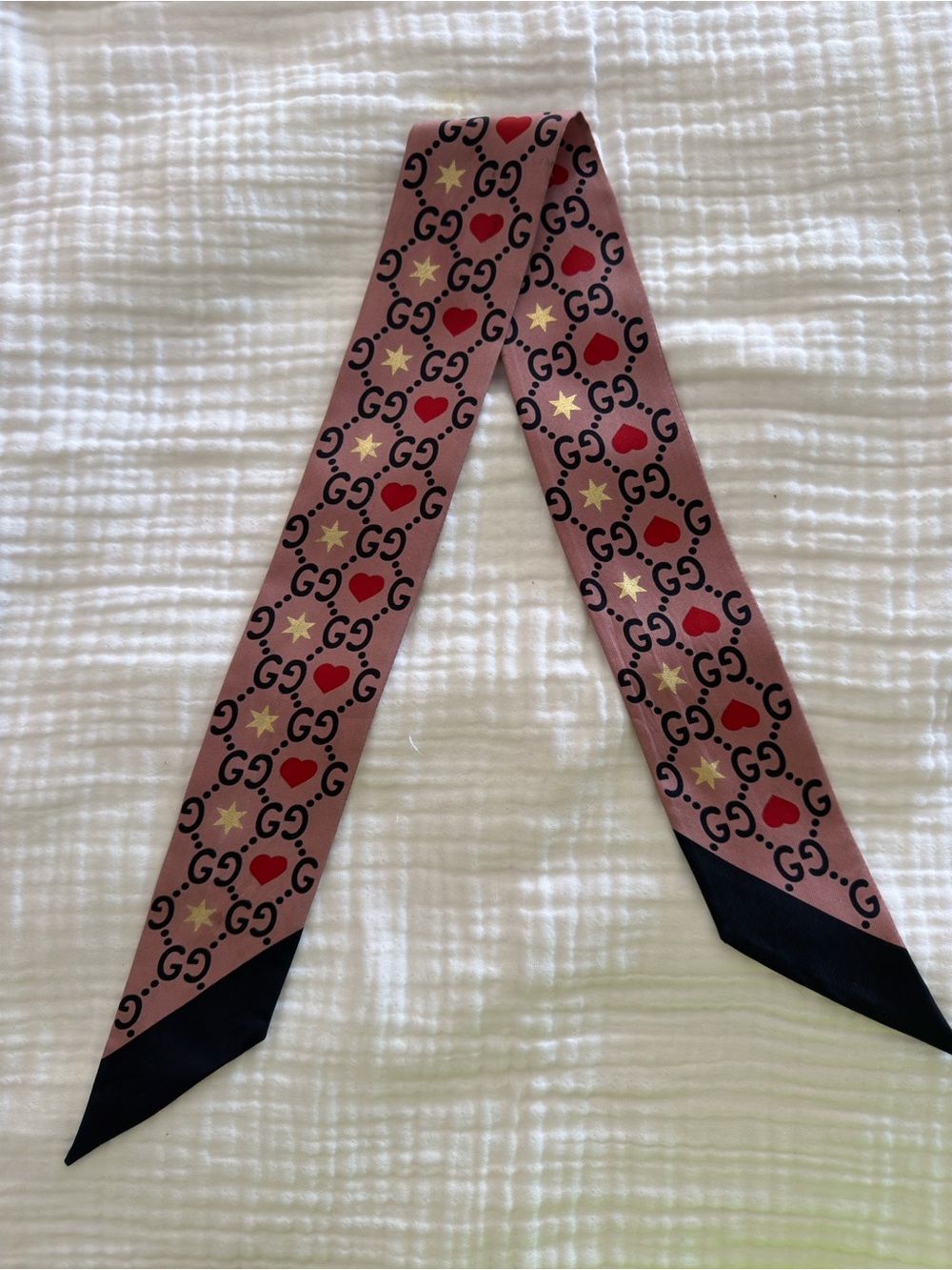 Gucci Pink Logo & Heart Silk Twilly with Gold Stars and Black Tips